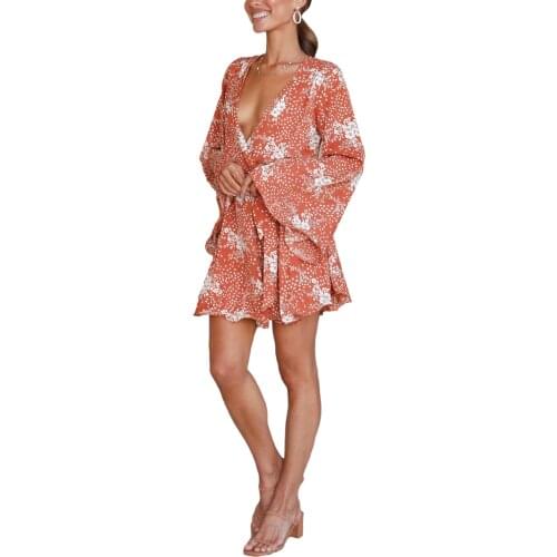 Women Sexy Tie-up Dress Adults Flower Print Flare Sleeve V-neck (Red, Green, Apricot)