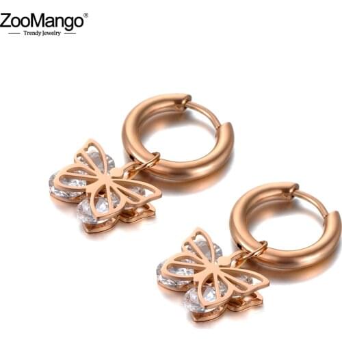 ZooMango Original Design CZ Crystal Butterfly Hoop Earrings Stainless Steel Trendy Animal Earrings For Women Girls ZE20127