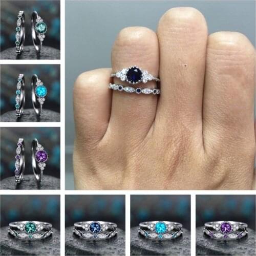 2Pcs/Set Luxury Green Blue Stone Crystal Rings for Women Sliver Color Wedding Engagement Rings Jewelry Dropship Bagues Pour