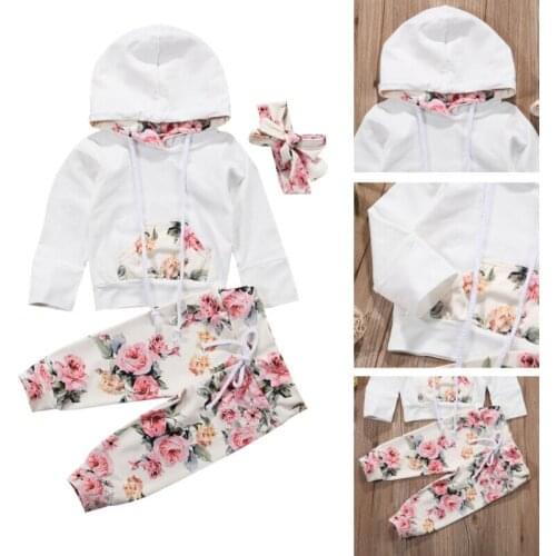 3PCS Newborn Baby Girl Infant Clothes Hooded Tops Pants Infant Outfits Set 0-24M Headdress