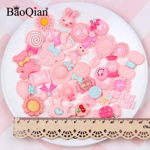 30Pcs Mix Resin Pink series Beads Decoration Crafts Flatback Cabochon Scrapbooking Fit Phone Embellishments Girl Gift Diy