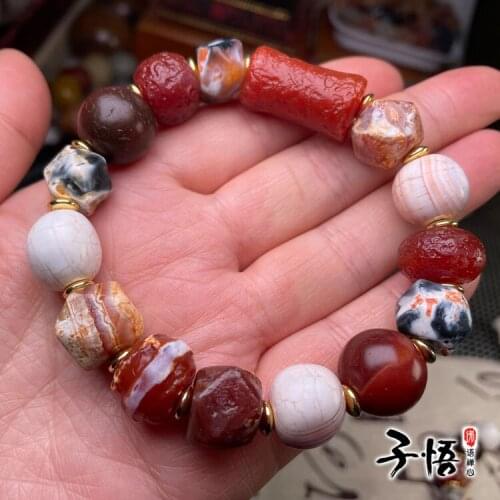 Tibetan old agate beads bracelet with high ancient weathering pattern and multi treasure eight edge beads bracelet
