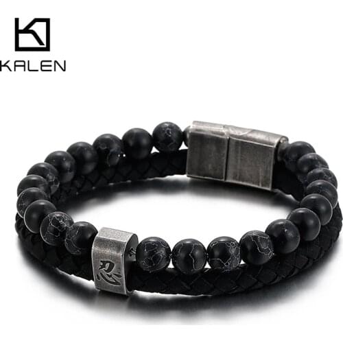 Kalen Beaded Bracelet Highly Polished Stainless Steel 210mm Ninja Mens Punk Cowhide Jewelry Accessories