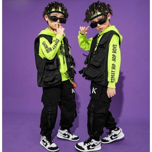 Kids Hip Hop Clothing Green Hoodie Sweatshirt Long Tops Tactical Cargo Pants for Girls Boys Dance Costumes Clothes Street Wear