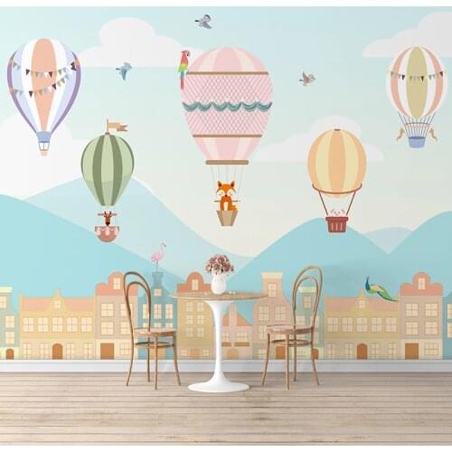 Custom Photo Mural Wallpaper Hand Painted Colorful House Hot Air Balloon Animal Children Room Boys Girls Bedroom Wall Painting