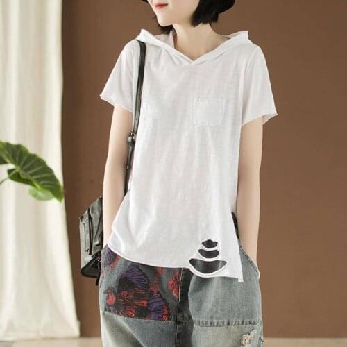 Cotton Hooded T-shirt Women Summer Plus Size 4XL New White Loose Solid Color Pocket Short-sleeved Literary Hole Casual Top X187