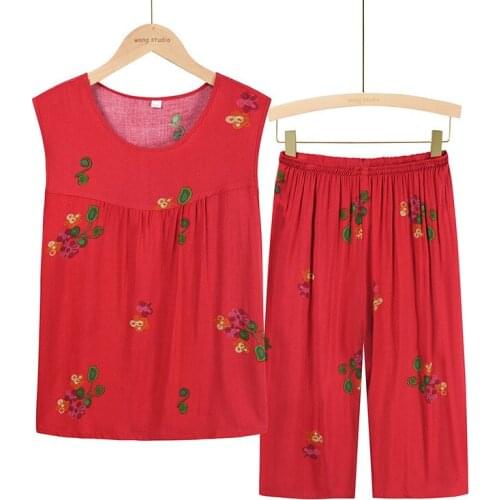 Cotton Flower Embroidered Camisoles Casual Sleeveless Round Neck Summer Woman Top Comfortable Colorful Calf-Length Pants XL-4XL