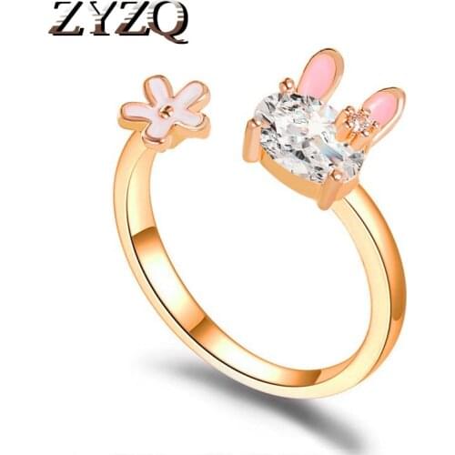 ZYZQ Kawaii Bunny rings Lovely Vivid Copper Gold Color Rabbit Drop rings For Girl Personality Valentines Day Gift Jewelry