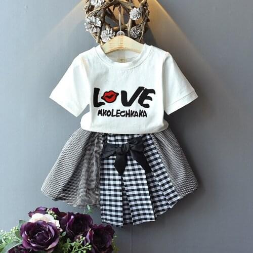 Girls Outfits Kids Girls Clothes Sets Love Print Short Sleeve T Shirts Tops+Plaids Patchwork Skirts 2Pcs Summer Clothing