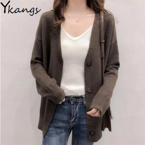 V-neck Solid Single Breasted Sweaters Women Loose Harajuku Korean Casual Cardigans Chic Goblincore High Street Clothes Female