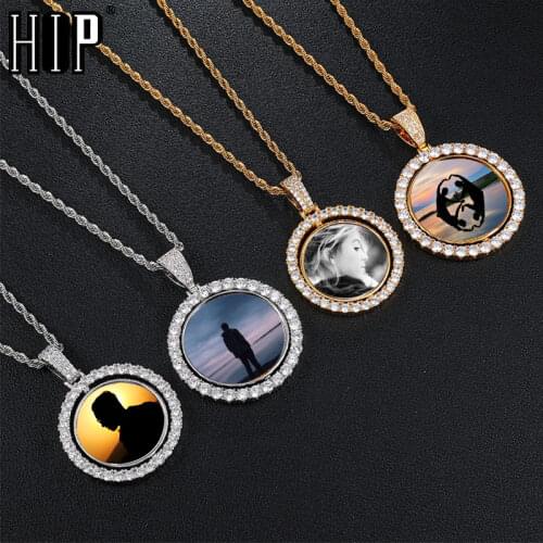 Hip Hop Custom Made Photo Round Rotating Double-sided Iced Out Bling Cubic Zircon Necklace&Pendant For Men Jewelry Tennis Chain