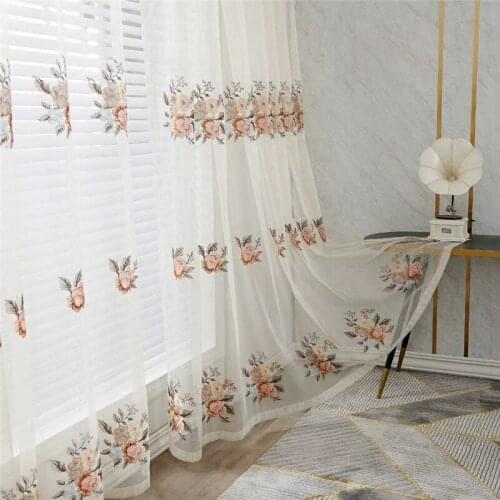 Peony Embroidered Sheer Curtains for Living Room Orange Floral Pastoral Elegant Sliding Glass Door Pato Window Drapes