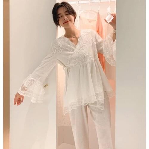 Spring Autumn Lace Gauze Breathable Princess Palace Girl White Pajamas Long sleeve Sleepwear Women Pajamas Set