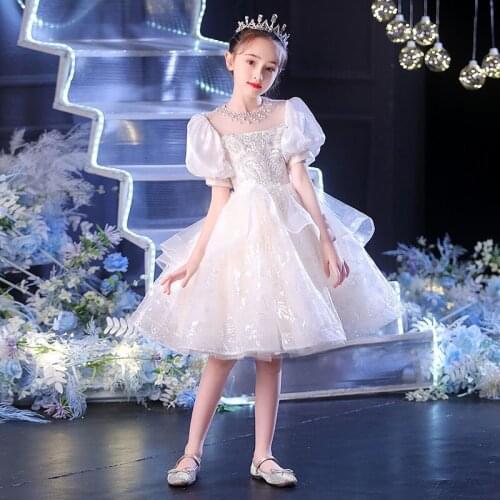 Sequin Beads Princess Dress Kid Girl Wedding Clothing Elegant Children Birthday Clothes Puff Sleeve Toddler Summer Prom Costume
