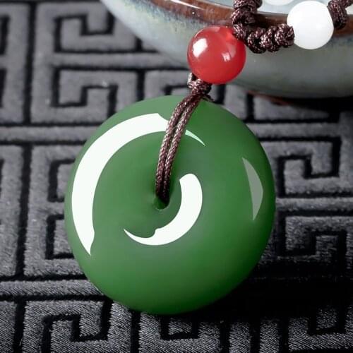 Natural Green Jade Safety Buckle Pendant Chinese Necklace Hand-Carved Fine Charm Jewelry Fashion Amulet for Men Women Gift White