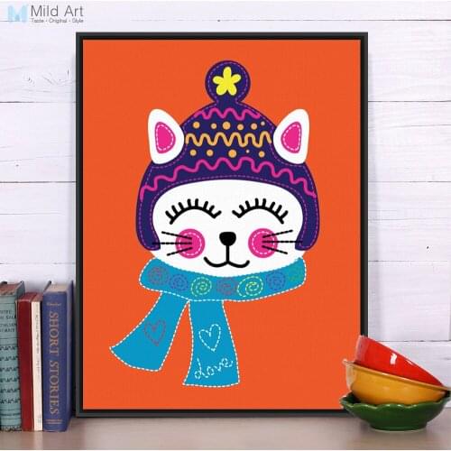 Modern Cat Kitty Kawaii Animal Drawings Orange A4 Poster Prints Hippie Hipster Canvas Paintings Kids Girl Bedroom Wall Art Gifts