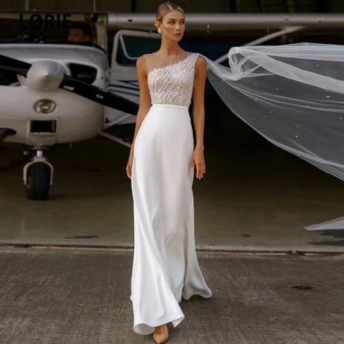 LORIE Boho Wedding Dresses O-Neck Beaded Mermaid White Ivory Chiffon Long Arabic Wedding Gown Custom Made Bride Dress 2021