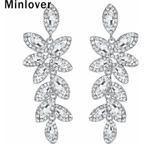 Minlover Silver Color Leaf Wedding Earrings for Women Luxury Rhinestone Bride Prom Jewelry Statement Pendant Earrings MEH1084