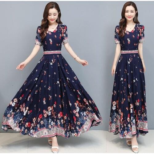 Vintage Long Floral Cotton Dress Women Summer Casual Print Beach Dress Bohemian Maxi Dress Ladies