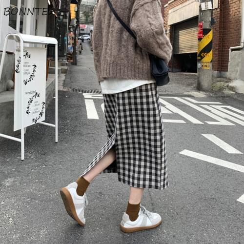 Skirts Women Vintage Plaid Artistic Elastic Waist Midi Fashion Mujer Popular All-match Classy Retro Empire Midi Oversized Split
