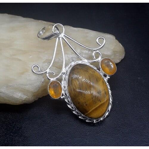 Gemstonefactory Jewelry Big Promotion 925 Silver Tigers Eye Yellow Citrine Women Ladies Gifts Necklace Pendant 0970