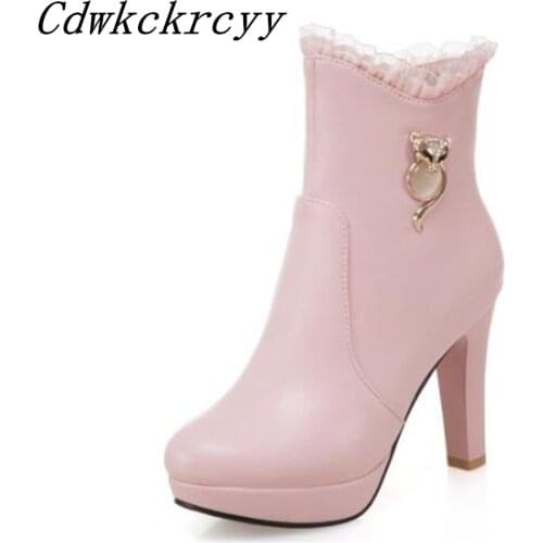 Women Boots Autumn and winter New style fashion Lace Short boots Waterproof Super heel Fine heel white Wedding boots size 34-43