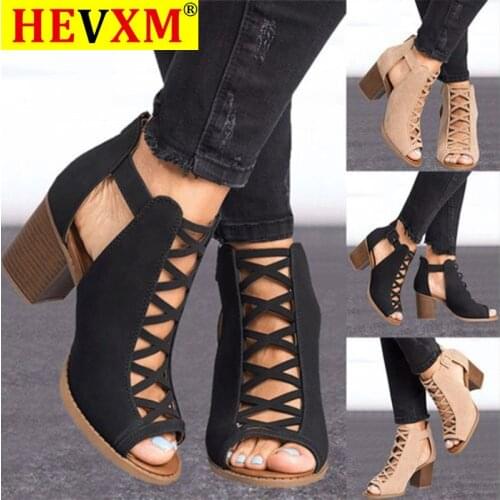 2020 Women Square Heel Sandals Peep Toe Hollow Out Chunky Gladiator Sandals With Strap Black Spring Summer Shoes