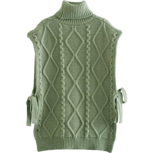 Women Fashion Za 2021 Green Sweater Eight-strand Woven Thick Needle High Neck Waistcoat Elegant Mujer Tops
