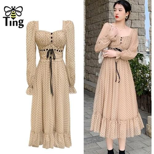 Tingfly Vintage Elegant Mesh Polka Dot A Line Midi Long Dress Women Summer Casual Ruffles Hem Cute Dress Vestidos Elbise Street