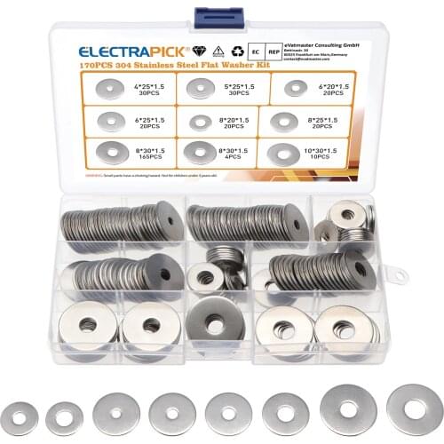 170Pcs Flat Washers,304 Stainless Steel Flat Machine Washer Plain Washer Flat Gasket Rings For Screw Fasteners