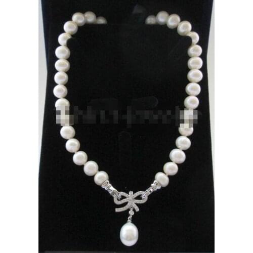 18" 9-10mm natural white freshwater pearl necklace +12mm pendant