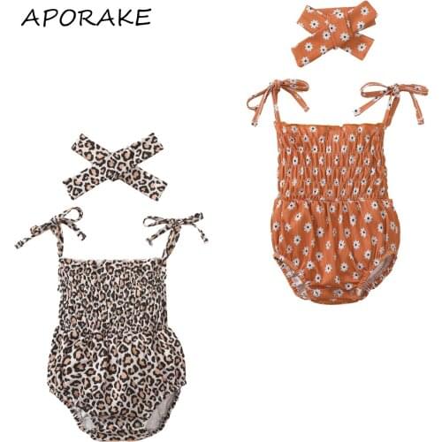 2021 0-24M Summer Infant Baby Girl Playsuit Floral/Leopard Print Sleeveless Pleated Jumpsuit Romper+Headband Sweet 2pcs