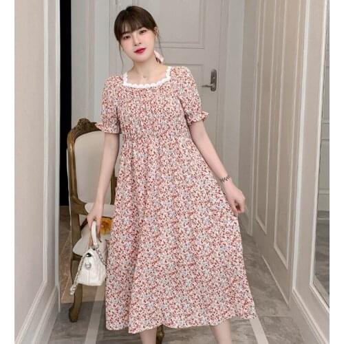 3776#Sweet Summer Korean Fashion Floral Maternity Long Dress Elegant A Line Slim Loose Clothes for Pregnant Women Cute Pregnancy