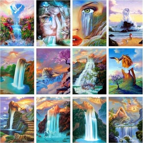 5D DIY Diamond Painting Cross Stitch Waterfall Mountain Woman Picture Of Rhinestone Full Drill Mosaic Embroidery Home Decor Art