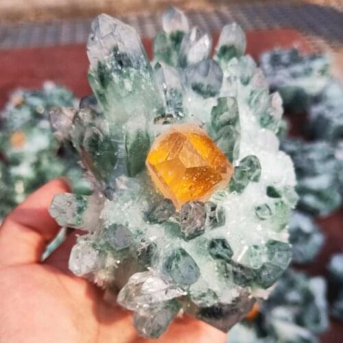 700-800g Quartz cluster natural green ghost crystal cluster Inlaid with yellow mineral specimen healing