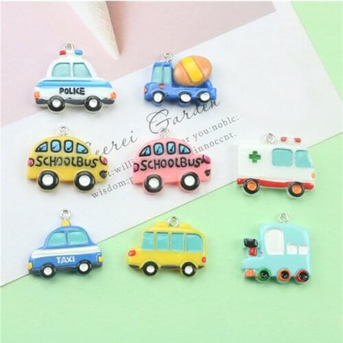Julie Wang 8PCS Resin Car Charms Cartoon Mixer Truck School Bus Taxi Ambulance Jewelry Making Accessory