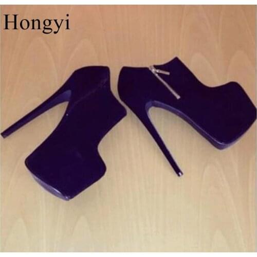 Hongyi Brand Black suede leather 16cm very high heel platform short boots side zipper stiletto heel ankle boots