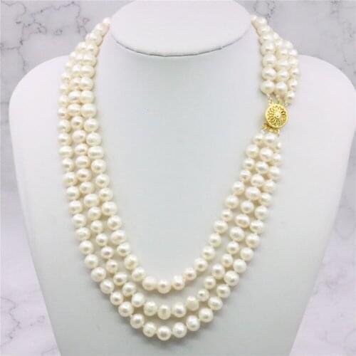 Min Order1) 3Rows 7-8mm 8-9mm White Akoya Cultured Pearl Necklace Rope Chain Beads Women Jewelry Making Natural Stone 17-21inch
