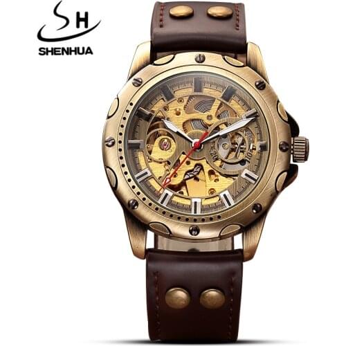 Bronze Automatic Mechanical Men Watch Top Brand Luxury Leather Skeleton Military Mechanical Clock Male Bracelet Wristwatch