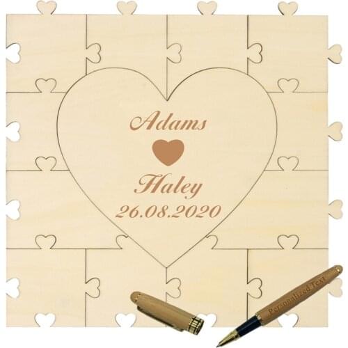 Personalized Engravced Wooden Puzzle Wedding Guest Book Wood Guestbook Heart Puzzle Bamboo Pen Gift Decoration Wedding fevor