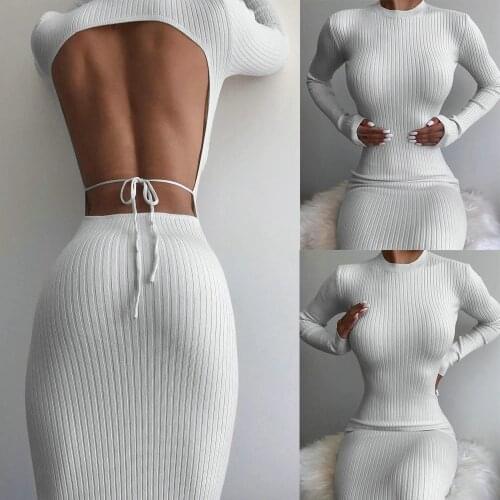 Elegant Women Long Sleeve Dresses Knit Sweater Dress Off Shoulder Bodycon Mini Skirt Ruffle Stretch High Waist Pencil Dress