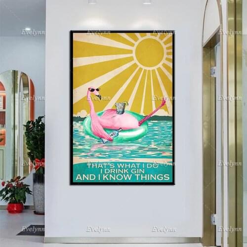 Thats What I Do I Drink Gin and I Know Things Poster, Pink Flamingo Wall Art, Tropical Art Print, Bathroom Decor, Home Decor