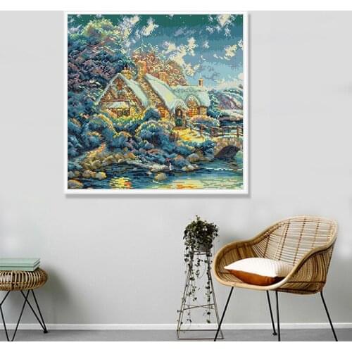 Mountain cottage in winter Counted DMC 11CT Cross Stitch kits , Embroidery Needlework Set, Home Decoration Send Accessory Tools