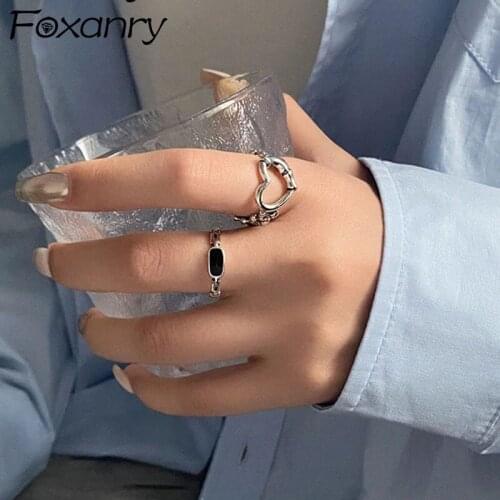 FOXANRY 925 Sterling Silver Rings Couple Accessories Fashion Vintage Simple Hollow LOVE Heart Black Geometric Girl Party Jewelry