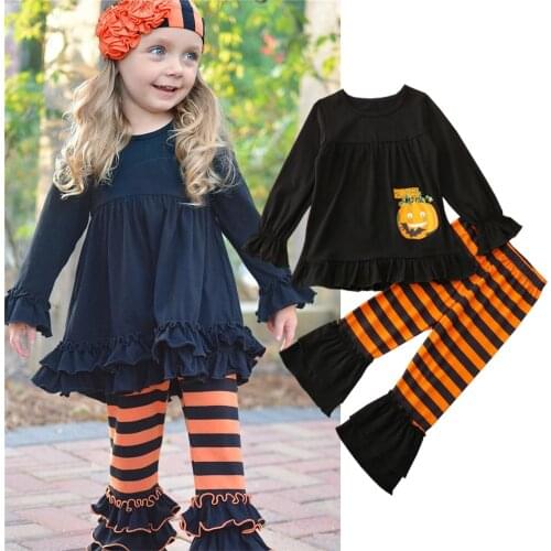 2021 Baby Girl Halloween Clothes Set Pumpkin Printed Top + Striped Flare Pants 1-5Y Toddler Kids Festival Casual Cotton Outfits