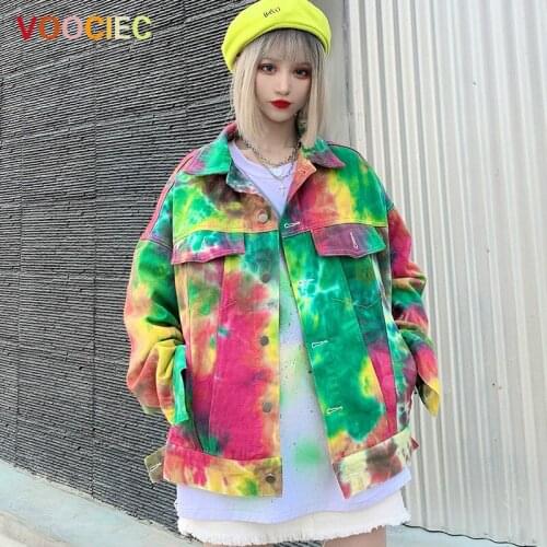 VOOCIEC 2020 Autumn Spring coat Women denim jackets Streetwear Loose Short jean Coat Casual fashion Girls hip hop outwear