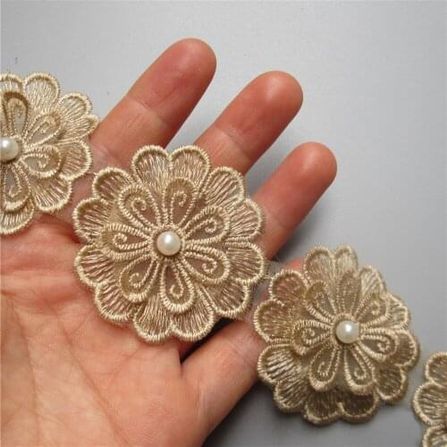 10x Gold Polyester Pearl Flower Embroidered Lace Trim Ribbon Fabric Patchwork Sewing Supplies Craft For Clothes Decoration 5cm