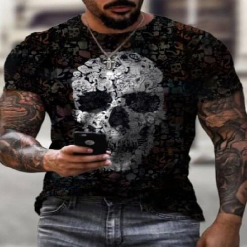 Mens hell skull art print 3D short-sleeved T-shirt spring and summer mens loose round neck
