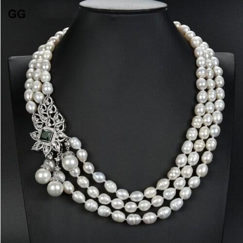 GG Jewelry 22" 13mm 3 Strands White Baroque Pearl Necklace Green Crystal CZ Connector