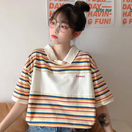 School Season Striped Cute Polo Shirt Cotton Short-sleeved T-shirt Women 2020 Loose Korean Version Ins Student College Wind Top